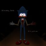 anthro black_ring blokiloki blood blood_from_eye bloody_tears bodily_fluids chest_scar clothing eulipotyphlan footwear gloves gore handwear hedgehog hi_res male mammal open_mouth open_smile puppet red_clothing red_footwear red_shoes scar sega shoes skinny smile solo sonic.exe sonic_the_hedgehog_(series) stitch_(sewing) tears text white_clothing white_gloves white_handwear wide_eyed