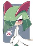  angry bags_under_eyes blush colored_skin green_hair grey_background hair_over_one_eye highres horns ino_(tellu0120) kirlia looking_at_viewer multicolored_skin pink_eyes pokemon pokemon_(creature) pout simple_background teardrop trembling two-tone_skin white_skin 