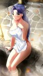  1girl autumn_leaves black_bow blue_hair blush bow braid braided_ponytail breasts closed_mouth collarbone covering_privates doukyuusei_2 doukyuusei_another_world game_cg hair_bow hair_intakes large_breasts leaf long_hair maple_leaf naked_towel narusawa_misako nude_cover official_art onsen outdoors single_braid sitting smile soaking_feet solo towel very_long_hair yellow_eyes 
