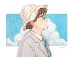  1boy blue_necktie blue_sky border brown-framed_eyewear brown_hair bunbun_hop closed_mouth cloud commentary glasses grey_jacket hat highres horikoshi_jirou jacket kaze_tachinu lapels looking_afar looking_up male_focus necktie outside_border profile round_eyewear short_hair signature simple_bird sky smile solo symbol-only_commentary traditional_media upper_body white_border white_hat 