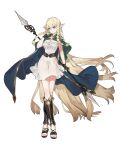  1girl ankle_cuffs blonde_hair blue_cape braided_sidelock breasts cape capelet cleavage commentary_request crossed_legs dress elf eltolinde full_body green_capelet green_eyes highres holding holding_polearm holding_weapon large_breasts leotard long_hair looking_ahead pointy_ears polearm sandals see-through see-through_dress simple_background solo standing starshadowmagician toes unicorn_overlord very_long_hair weapon white_background white_dress white_leotard 