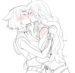  286456006 2girls animal_ears arm_around_waist blake_belladonna blush breasts cat_ears cleavage closed_eyes freckles from_side hug jacket kiss long_hair medium_hair multiple_girls profile rwby simple_background sketch spot_color white_background yang_xiao_long yuri 