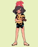 :d beanie black_eyes black_shirt blush charamells commentary creature english_commentary full_body gen_7_pokemon hat holding holding_pokemon legs_apart looking_at_viewer mimikyu open_mouth pokemon pokemon_(creature) red_headwear sandals shirt short_hair short_sleeves shorts simple_background smile standing tied_shirt yellow_background 