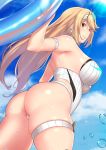  1girl arm_strap ass aster_crowley back bangs bare_shoulders blonde_hair blue_sky blush breasts closed_mouth earrings highleg highleg_swimsuit highres hikari_(xenoblade_2) innertube jewelry large_breasts long_hair looking_at_viewer one-piece_swimsuit sky smile swept_bangs swimsuit thigh_strap thighs tiara white_swimsuit xenoblade_(series) xenoblade_2 yellow_eyes 