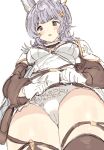  1girl animal_ears black_sleeves blush breasts detached_sleeves dress erune from_below gloves gorirago granblue_fantasy grey_hair hair_ornament highres looking_at_viewer medium_breasts panties parted_lips purple_eyes short_dress simple_background solo thighhighs tikoh underwear white_background white_dress white_gloves white_panties 