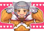  1girl animal_ears arms_up blush breasts brown_eyes claw_pose commentary_request facial_mark fangs gloves grey_hair hair_ribbon heart heart_background highres jumpsuit long_sleeves looking_at_viewer nia_(xenoblade) open_mouth outline pink_background puffy_long_sleeves puffy_sleeves r123 ribbon short_hair sleeves_past_wrists small_breasts solo two-tone_background upper_body v-shaped_eyebrows white_background white_gloves white_outline xenoblade_chronicles_(series) xenoblade_chronicles_2 yellow_jumpsuit yellow_ribbon 
