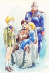  1970s_(style) 1980s_(style) 1girl 3boys artesia_som_deikun bald beard belt blonde_hair boots brown_hair casval_rem_deikun chair child degwin_sodo_zabi dress emblem facial_hair family fat formal glasses gundam highres insignia manly military military_uniform mobile_suit_gundam multiple_boys necktie old painting_(medium) promotional_art retro_artstyle scan scarf science_fiction serious shorts siblings sitting sitting_on_lap sitting_on_person size_difference socks traditional_media uniform white_socks yasuhiko_yoshikazu zeon zeon_zum_deikun 