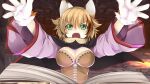 1girl animal_ears animal_hands arms_up atelier-moo book breasts brown_hair cat_ears cat_girl cat_paws cleavage dungeon feline_sora green_eyes hair_between_eyes highres large_breasts long_sleeves looking_at_viewer narrow_waist open_book open_mouth outstretched_arms short_hair solo standing tooth upper_body wizards_symphony 