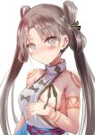  1girl backless_dress backless_outfit bare_shoulders blush body_markings breasts brown_eyes brown_hair dress fate/grand_order fate_(series) grey_dress iyo_(fate) large_breasts long_hair looking_at_viewer nipples revision sen_(astronomy) solo very_long_hair 