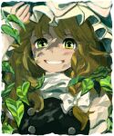  1girl bad_drawr_id bad_id blonde_hair border bow braid dappled_sunlight green_eyes grin hair_bow hand_on_headwear hat kirisame_marisa leaf long_hair looking_at_viewer megamegaglass oekaki single_braid smile solo sunlight touhou upper_body white_border white_hat witch_hat yellow_eyes 