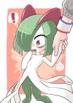  ! 1girl bags_under_eyes colored_skin dynamax_band gloria_(pokemon) green_hair hair_over_one_eye heart highres holding_hands horns ino_(tellu0120) kirlia multicolored_skin open_mouth out_of_frame pink_background pink_eyes pokemon pokemon_(creature) sidelocks simple_background square sweater two-tone_skin white_skin 