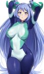  1girl :o arms_up blue_eyes blue_hair blush bodysuit boku_no_hero_academia breasts covered_nipples cowboy_shot fuooooo hadou_nejire highres impossible_bodysuit impossible_clothes large_breasts long_hair looking_at_viewer open_mouth simple_background solo thighs white_background 