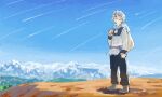  1boy backpack bad_drawr_id bad_id bag black_pants blue_sky character_request cloud cojibou copyright_request day full_body holding holding_bag hood hood_down hoodie long_sleeves male_focus mountain mountainous_horizon oekaki outdoors pants shooting_star short_hair sky solo standing white_hair 