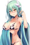  1girl animal_print bare_shoulders bikini bikini_under_clothes blush breasts cleavage collarbone cow_print dragon_girl dragon_horns fate/grand_order fate_(series) green_hair green_kimono highres horns japanese_clothes kimono kiyohime_(fate) large_breasts long_hair long_sleeves looking_at_viewer multiple_horns off_shoulder open_mouth sen_(astronomy) smile solo swimsuit white_bikini wide_sleeves yellow_eyes 
