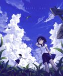  2girls bad_drawr_id bad_id bare_legs black_hair black_skirt blue_sky character_request cloud copyright_request cumulonimbus_cloud day english_text from_below grass leaf looking_at_viewer megamegaglass multiple_girls oekaki outdoors ponytail school_uniform shirt short_hair short_sleeves sign skirt sky standing white_shirt wind 