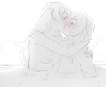  286456006 2girls amber_(genshin_impact) arm_around_neck blush breasts closed_eyes eula_(genshin_impact) genshin_impact highres hug large_breasts medium_breasts multiple_girls nipples onsen parted_lips partially_submerged simple_background sketch smile white_background yuri 