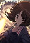  1girl blue_jacket closed_mouth commentary day ehirorotoon explosion frown girls_und_panzer hand_on_own_throat highres jacket long_sleeves military_uniform nishizumi_miho ooarai_military_uniform outdoors projectile_trail solo tank_cupola throat_microphone uniform wind 