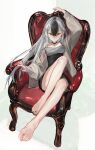  1girl absurdres arm_up armchair bare_legs barefoot black_choker black_dress black_hair black_nails blue_archive breasts chair choker dress ear_piercing feet full_body grey_hair highres horns jacket kayoko_(blue_archive) kayoko_(dress)_(blue_archive) legs long_hair medium_breasts multicolored_hair nail_polish no_halo official_alternate_costume oneniiiceday open_clothes open_jacket piercing red_eyes short_dress simple_background sitting solo streaked_hair toenails toes very_long_hair 