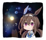  1girl admire_vega_(umamusume) animal_ears blue_bow bow bowtie brown_hair cat ear_covers ear_ornament english_commentary fake_antennae galaxy_background grey_hairband hair_between_eyes hairband horse_ears horse_girl jacket long_hair long_sleeves low_twintails meme no_thoughts_head_empty_(meme) official_alternate_costume official_alternate_hairstyle purple_eyes shirt silver_hairband single_ear_cover starheart sun twintails uma_stars_(umamusume) umamusume white_jacket 