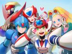  1girl 4boys absurdres armor axl_(mega_man) blonde_hair blue_armor blue_background blue_eyes blue_helmet brown_hair commentary_request cross_scar detached_hair forehead_jewel green_eyes half-heart_hands heart highres long_hair mega_man_(series) mega_man_x_(series) mega_man_x_dive multiple_boys nao_(gatita) official_alternate_costume outstretched_arm pallette_(mega_man) red_(mega_man_x) red_armor red_helmet scar scar_on_face selfie short_hair shoulder_armor simple_background smile spiked_hair suit tongue tongue_out twintails v white_armor white_suit x_(mega_man) zero_(mega_man) 