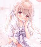  1girl amedamacon blurry blurry_background blush bow braid brown_hair clothes_lift commentary depth_of_field grey_bow hair_between_eyes hair_bow hand_to_own_mouth hand_up head_tilt long_hair looking_at_viewer low_twintails original out-of-frame_censoring parted_lips petals pleated_skirt red_eyes shirt short_sleeves skirt skirt_lift solo twintails very_long_hair white_bow white_shirt white_skirt 