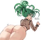  1girl ass ass_focus bottomless breasts commentary earrings english_commentary flipped_hair green_eyes green_hair highres hoop_earrings jewelry looking_at_viewer lying nipples on_stomach one-punch_man punk rakeemspoon see-through see-through_shirt simple_background small_breasts solo tatsumaki tatsumaki_(chapter_171_cover) twintails white_background 