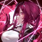  1girl absurdres artist_name breasts collared_shirt commentary eyewear_on_head from_side gloves highres honkai:_star_rail honkai_(series) kafka_(honkai:_star_rail) large_breasts licking_lips long_hair looking_at_viewer looking_to_the_side pince-nez ponytail purple_eyes purple_gloves purple_hair ringeko-chan shirt sidelocks sideways_glance solo sunglasses tongue tongue_out white_shirt 