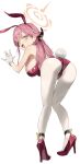  1girl animal_ears aru_(blue_archive) ass back bare_shoulders blue_archive blush breasts brown_horns from_behind gloves hairband halo high_heels highres horns large_breasts leaning_forward leotard long_hair looking_back nervous_smile nonco open_mouth pantyhose pigeon-toed pink_hair pink_halo playboy_bunny rabbit_ears rabbit_tail red_footwear red_hairband red_leotard simple_background smile solo sweatdrop tail thighs white_background white_gloves white_pantyhose yellow_eyes 