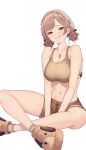  1girl absurdres amatou_(ko_me_9) animal_print bare_shoulders between_legs braid breasts brown_footwear brown_hair brown_shorts brown_socks brown_sports_bra butterfly_sitting cleavage collarbone commentary_request cropped_legs crown_braid dog_tags furen_e_lustario furen_e_lustario_(5th_costume) hand_between_legs highres large_breasts looking_at_viewer midriff navel nijisanji parted_bangs red_eyes short_shorts shorts simple_background sitting smile socks solo sports_bra thighs virtual_youtuber white_background 