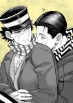  2boys age_difference black_hair cheekbones coat golden_kamuy greyscale_with_colored_background heart hug hug_from_behind kikuta_mokutaro kissing_back light_smile looking_at_another looking_back male_focus mature_male multiple_boys nonoki33 pectorals scar scar_on_cheek scar_on_face scar_on_mouth scarf short_hair sugimoto_saichi two-tone_headwear upper_body wrinkled_skin yaoi 