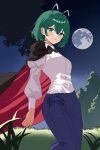  1girl antennae black_cape blue_pants breasts cape closed_mouth collared_shirt feet_out_of_frame full_moon grass green_eyes green_hair long_sleeves looking_at_viewer medium_breasts moon nekokawa_isugi night outdoors pants puffy_sleeves red_cape shirt short_hair smile solo touhou tree white_shirt wriggle_nightbug 