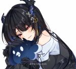  1girl asymmetrical_horns black_hair blue_hair colored_inner_hair demon_horns gloves hair_ornament hand_on_another&#039;s_head highres hololive hololive_english horns hug jailbird_(nerissa_ravencroft) keisea long_hair looking_at_viewer mole mole_under_eye multicolored_hair nerissa_ravencroft red_eyes smile two-tone_hair uneven_horns very_long_hair virtual_youtuber 