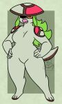 2023 2_horns 3_toes 4_fingers 5_fingers ancient_pokemon anthro beak black_horn breasts brown_markings brute_bonnet clothing colored curled_hair deer featureless_breasts featureless_crotch feet female fingers floppy_ears generation_9_pokemon green_background green_hair hair hands_on_own_hips hi_res holding_clothing holding_object holding_shirt holding_topwear horn long_hair mammal markings nerdyreindeer new_world_deer nintendo nude one_eye_obstructed paradox_pokemon pink_beak pokeball_print pokemon pokemon_(species) pseudo_clothing pseudo_hat red_eyes reindeer shaded shirt shoulder_pads simple_background simple_shading solo tail thick_thighs toes topwear watermark white_body yellow_sclera