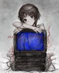  1girl absurdres brown_eyes brown_hair cable chan8016 dot_mouth empty_eyes happy_birthday highres hugging_object iwakura_lain looking_at_viewer scribble serial_experiments_lain short_hair solo television very_short_hair 