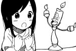  1boy 1girl beauty_and_the_beast black_hair candelabra closed_eyes commentary_request fire high_contrast hitori_bocchi hitoribocchi_no_marumaru_seikatsu katsuwo_(cr66g) long_hair lumiere_(disney) monochrome open_mouth smile white_background 