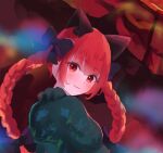  1girl :3 animal_ears black_bow blush bow braid cat_ears closed_mouth commentary_request dress extra_ears green_dress hair_bow kaenbyou_rin long_sleeves looking_at_viewer narutakaya red_eyes red_hair short_hair_with_long_locks solo touhou twin_braids 