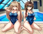  2girls ahoge arthur_ko barefoot blue_eyes blue_one-piece_swimsuit braid breasts brown_eyes cleavage commission competition_school_swimsuit covered_navel covered_nipples hair_flaps hair_over_shoulder heterochromia highres indoors kantai_collection light_brown_hair long_hair medium_breasts multiple_girls murasame_(kancolle) one-piece_swimsuit pixiv_commission pool red_eyes rei_no_pool school_swimsuit shigure_(kancolle) shigure_kai_san_(kancolle) single_braid sitting swimsuit two_side_up wariza 
