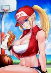  anagumasan baseball_cap basketball_court blonde_hair breasts cleavage fatal_fury fatal_fury_cap fingerless_gloves genderswap genderswap_(mtf) gloves hat highres large_breasts long_hair micro_shorts muscle ponytail shorts snk snk_heroines:_tag_team_frenzy solo tank_top terry_bogard toned vest 