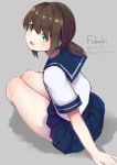  1girl :d blue_sailor_collar blue_skirt brown_hair character_name dated from_above fubuki_(kantai_collection) green_eyes grey_background highres kantai_collection looking_at_viewer looking_up low_ponytail open_mouth pleated_skirt sailor_collar sashimi0gou school_uniform serafuku short_ponytail short_sleeves sidelocks simple_background sitting skirt smile solo thighs twitter_username 