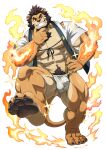  1boy abs alca_(wakatanka4) alca_the_lion animal_ears bara bare_pectorals beard black_hair bulge covered_penis facial_hair feet fiery_aura fire full_beard full_body fundoshi furry furry_male gyee hand_on_own_chin highres japanese_clothes large_pectorals lion_boy lion_ears lion_tail looking_at_viewer male_focus mature_male muscular muscular_male navel navel_hair nipples original pectorals presenting_foot pyrokinesis rossciaco seductive_smile short_hair smile soles solo sparkle_background standing stomach stroking_beard stroking_own_chin strongman_waist tail thick_beard thick_eyebrows thick_navel_hair thick_thighs thighs 