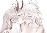  286456006 2girls ahoge blunt_bangs blush character_request completely_nude honkai_(series) horns kiss monochrome multiple_girls nude one_eye_closed parted_lips ponytail simple_background tears white_background yuri 