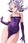  1girl absurdres blue_archive breasts cleavage covered_navel demon_girl demon_horns dress elbow_gloves gloves halo highres hina_(blue_archive) horns jewelry looking_at_viewer pelvic_curtain pendant purple_dress purple_eyes purple_gloves solo stone_(ksorede) water_drop white_hair 
