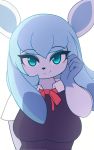  10:16 2020 anthro anthrofied black_clothing black_shirt black_topwear blue_eyes blue_hair blue_markings blush breasts bust_portrait clothed clothing digital_media_(artwork) eeveelution eyebrow_through_hair eyebrows eyelashes female fingers glaceon gloves_(marking) hair hand_on_head hi_res looking_at_viewer markings nintendo pinkcappachino pok&eacute;mon pok&eacute;mon_(species) polo_shirt portrait red_tie shirt simple_background smile snout solo topwear translucent translucent_hair video_games white_background white_body 