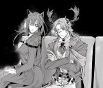  1boy 1girl animal_ears antlers arknights cat_ears cat_girl cat_tail couch cowboy_shot crossed_arms czerny_(arknights) deer_antlers deer_boy gertrude_strollo_(arknights) greyscale horns long_hair monochrome monocle on_couch pointy_ears ppboxz sitting smile tail 