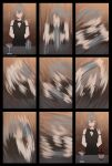  1girl absurdres arms_behind_back bartender closed_eyes cocktail_glass cocktail_shaker cup drinking_glass fine_art_parody grey_hair highres holding_shaker honkai:_star_rail honkai_(series) messy_hair motion_blur parody rubyredart sequential shaking smear_frame smile solo stelle_(honkai:_star_rail) the_making_of_the_perfect_martini trailblazer_(honkai:_star_rail) 