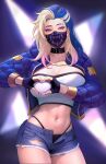  1girl akali black_gloves blue_eyes breasts choker cleavage commission cropped_jacket curvy fingerless_gloves gloves gold_trim heart heart_hands highres jacket k/da_(league_of_legends) k/da_akali k/da_all_out_akali league_of_legends mask midriff mouth_mask navel navel_piercing official_alternate_costume open_fly panties pants piercing pixiv_commission print_mask purple_jacket short_shorts shorts solo the_baddest_akali underwear veins veiny_breasts zhengwei_(nobber) 