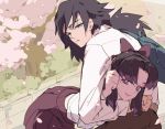  1boy 1girl bangs black_hair blue_eyes casual chinese_commentary commentary_request gradient_hair kimetsu_no_yaiba kochou_shinobu long_hair long_sleeves looking_at_viewer multicolored_hair parted_bangs purple_eyes shirt smile tennohi tomioka_giyuu white_shirt 