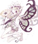  1girl bad_drawr_id bad_id bare_legs black_eyes blonde_hair butterfly_wings closed_mouth dress fairy floating flower full_body hair_flower hair_ornament insect_wings long_hair looking_at_viewer mercedes_(odin_sphere) nsm888 odin_sphere oekaki pointy_ears shoes single_shoe skinny socks solo white_background white_flower wings yellow_flower 