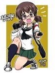  1girl 2024 bag birthday black-framed_eyewear black_neckerchief black_socks blouse brown_background brown_eyes brown_hair camera carrying character_name commentary dated girls_und_panzer glasses green_skirt holding holding_camera holding_microphone long_sleeves looking_at_viewer low_twintails microphone miniskirt neckerchief notice_lines on_one_knee ooarai_school_uniform open_mouth ou_taiga outline pleated_skirt sailor_collar satchel school_uniform semi-rimless_eyewear serafuku shirt shoes short_hair skirt smile sneakers socks solo takahashi_kurage translated twintails under-rim_eyewear white_footwear white_outline white_sailor_collar white_shirt 