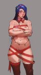  1girl blue_eyes blue_hair blue_pubic_hair blush boots bow breasts brown_footwear caitlyn_(league_of_legends) cleavage crossed_arms female_pubic_hair hairband highres league_of_legends long_hair medium_breasts naked_ribbon navel nipples pubic_hair red_bow red_hairband ribbon treslech3s 